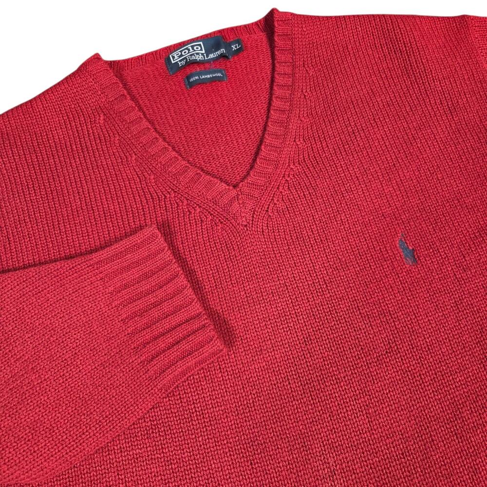Vintage Polo By Ralph Lauren Sweater Mens XL Red Lambs Wool V Neck‎ Grandpa
